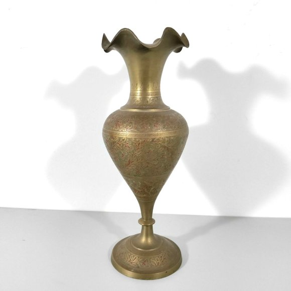 Vintage Brass Vase Pedestal Etched Engraved Flower India 9.75in Painted Fluted